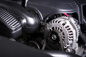 Close-up of alternator in engine bay